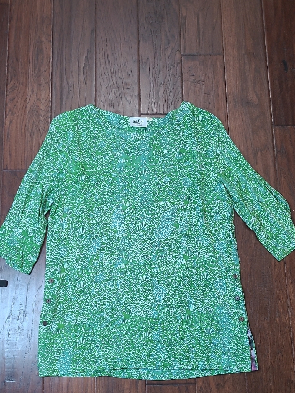 Go Fish Clothing Co. Green Patterned Handmade in Indonesia Tunic Top size XL